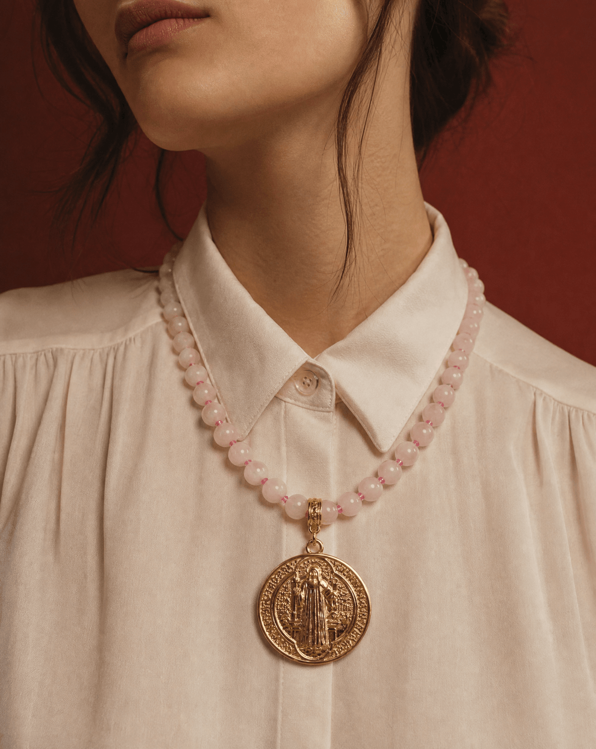 Rose Quartz Saint Benedict Medal Necklace, view 2 – Phoebe's