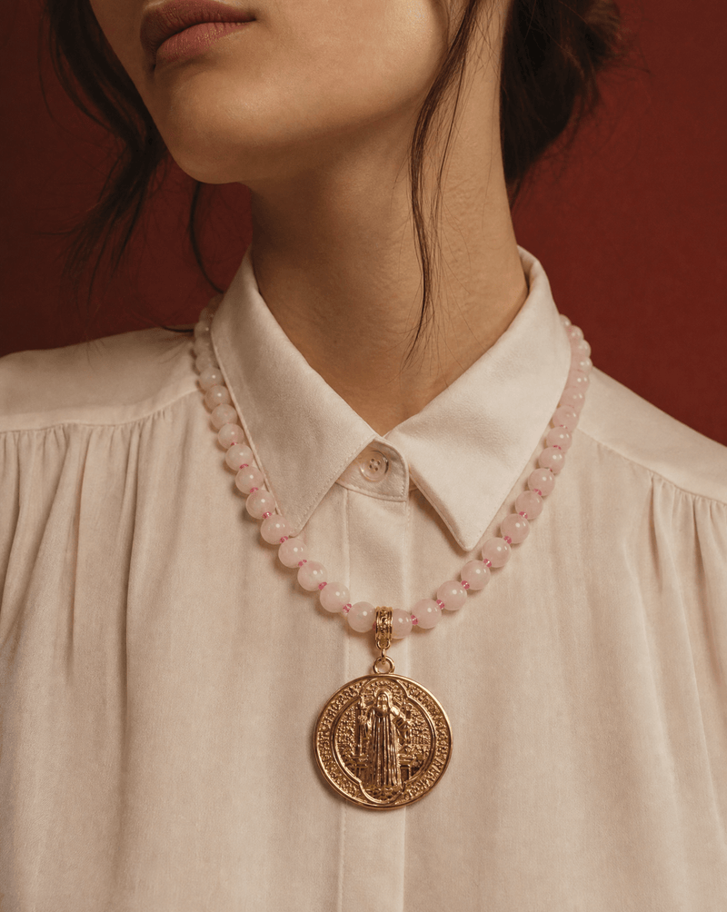 Rose Quartz Saint Benedict Medal Necklace, view 2 – Phoebe's