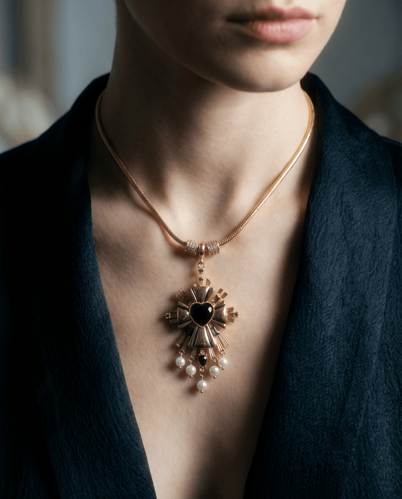 Sacred Heart cross necklace with black CZ and pearl drops – Phoebe's