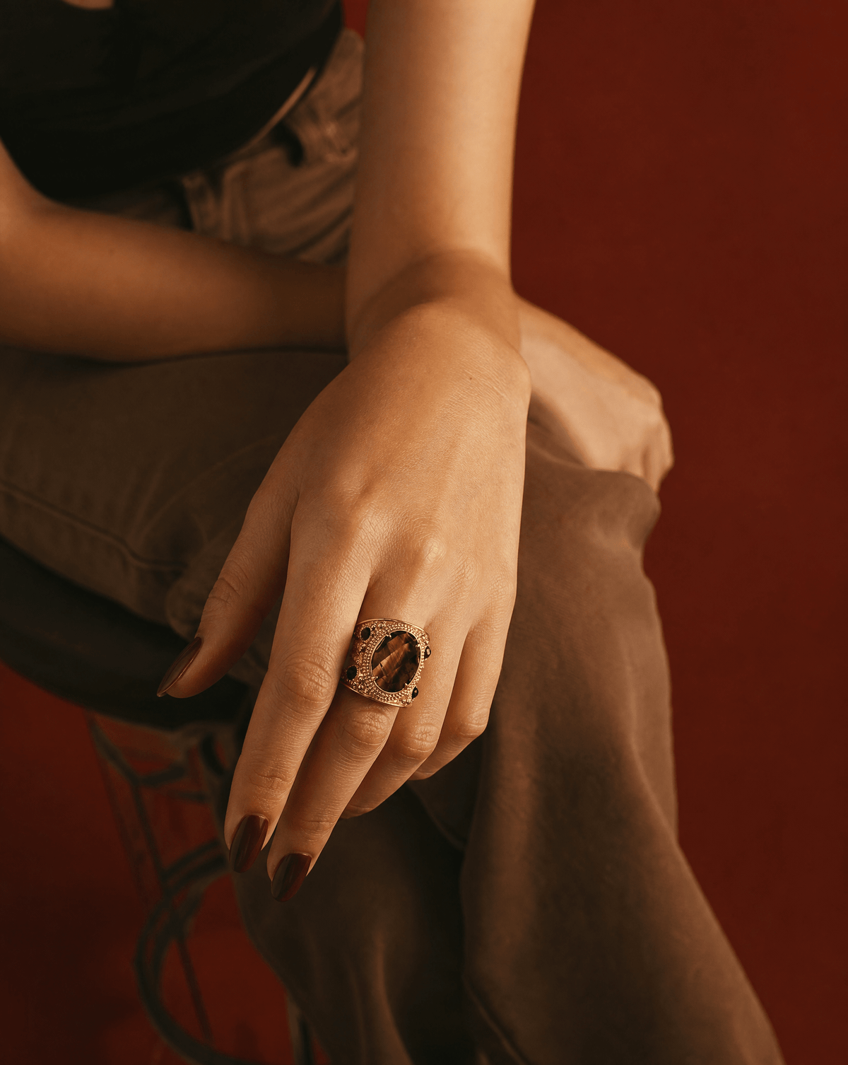 Tiger eye chunky statement ring in gold filigree – Phoebe's