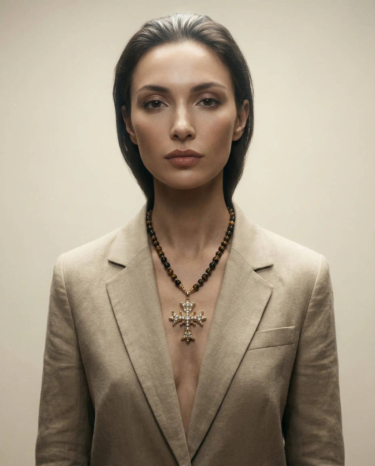 Tiger's eye bead necklace with maximalist cross – Phoebe's