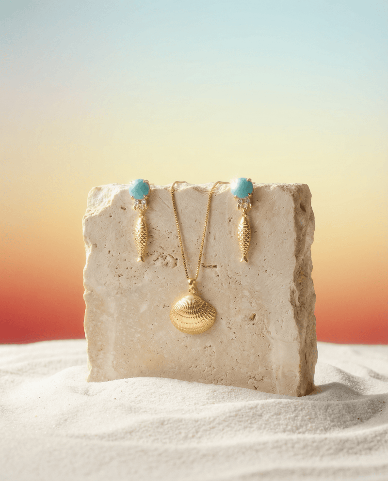 Coastal seashell jewelry set worn – Phoebe's