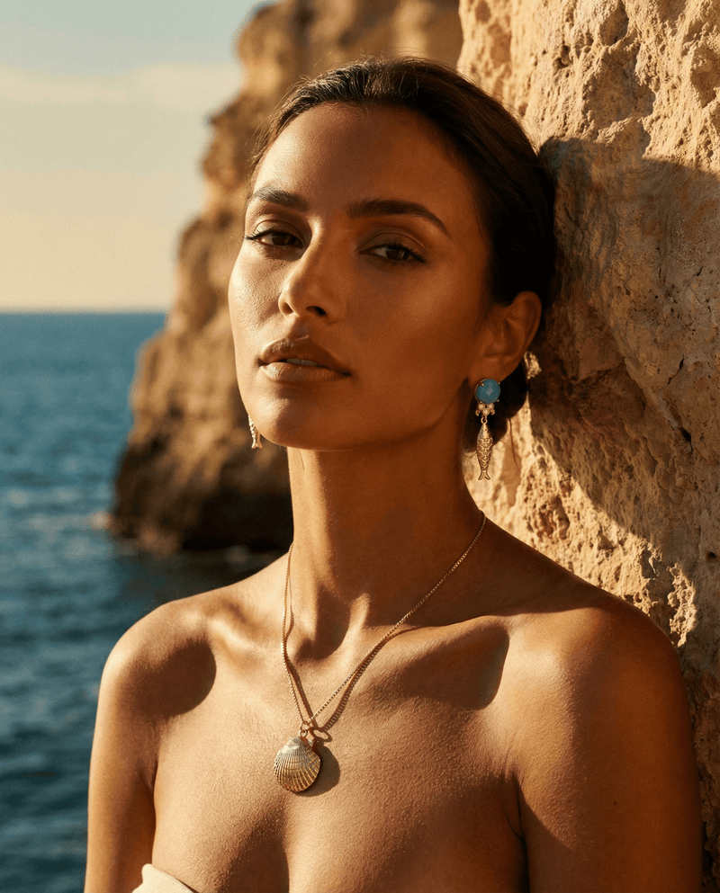 Turquoise fish earrings and seashell necklace beach set – Phoebe's