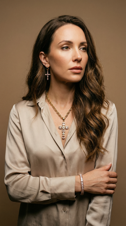 Imperial Cross Set — 18K Gold Plated Jewelry with Cubic Zirconia (Necklace, Earrings and Bracelet)