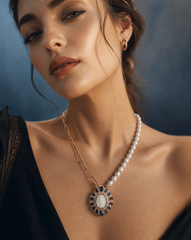 Virgin Mary asymmetric pearl and chain necklace – Phoebe's