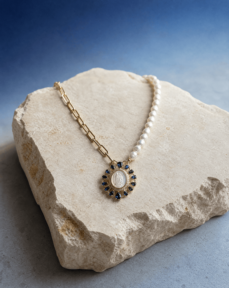 Virgin Mary asymmetric pearl and chain necklace – Phoebe's