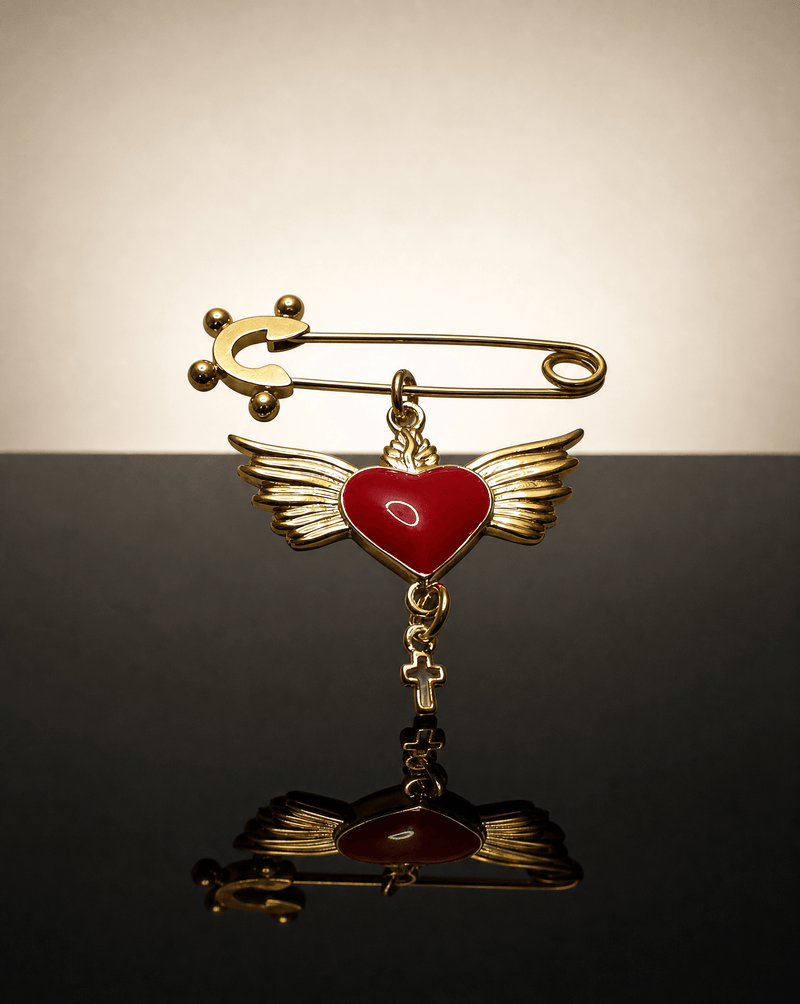 Winged red heart pin with hanging cross – Phoebe's