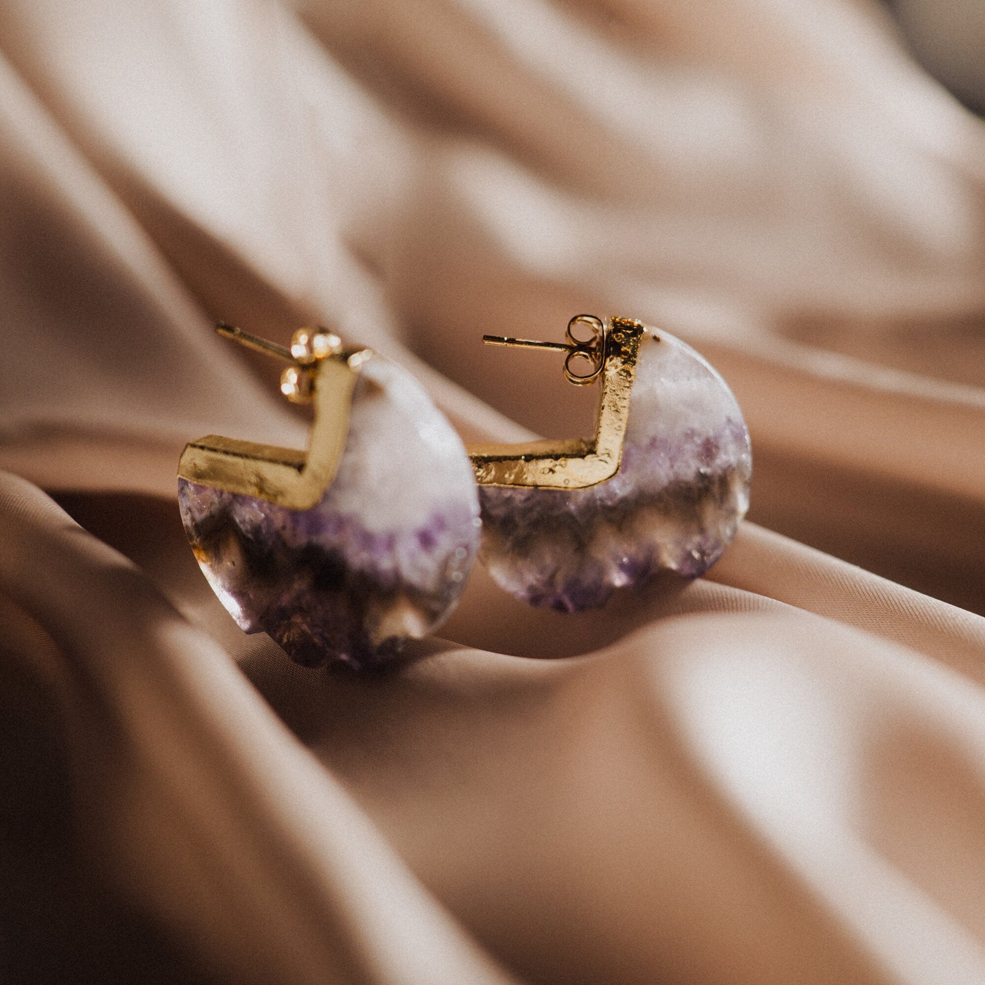 Amethyst Earrings, amethyst gold moon, raw amethyst , Handmade Earrings
